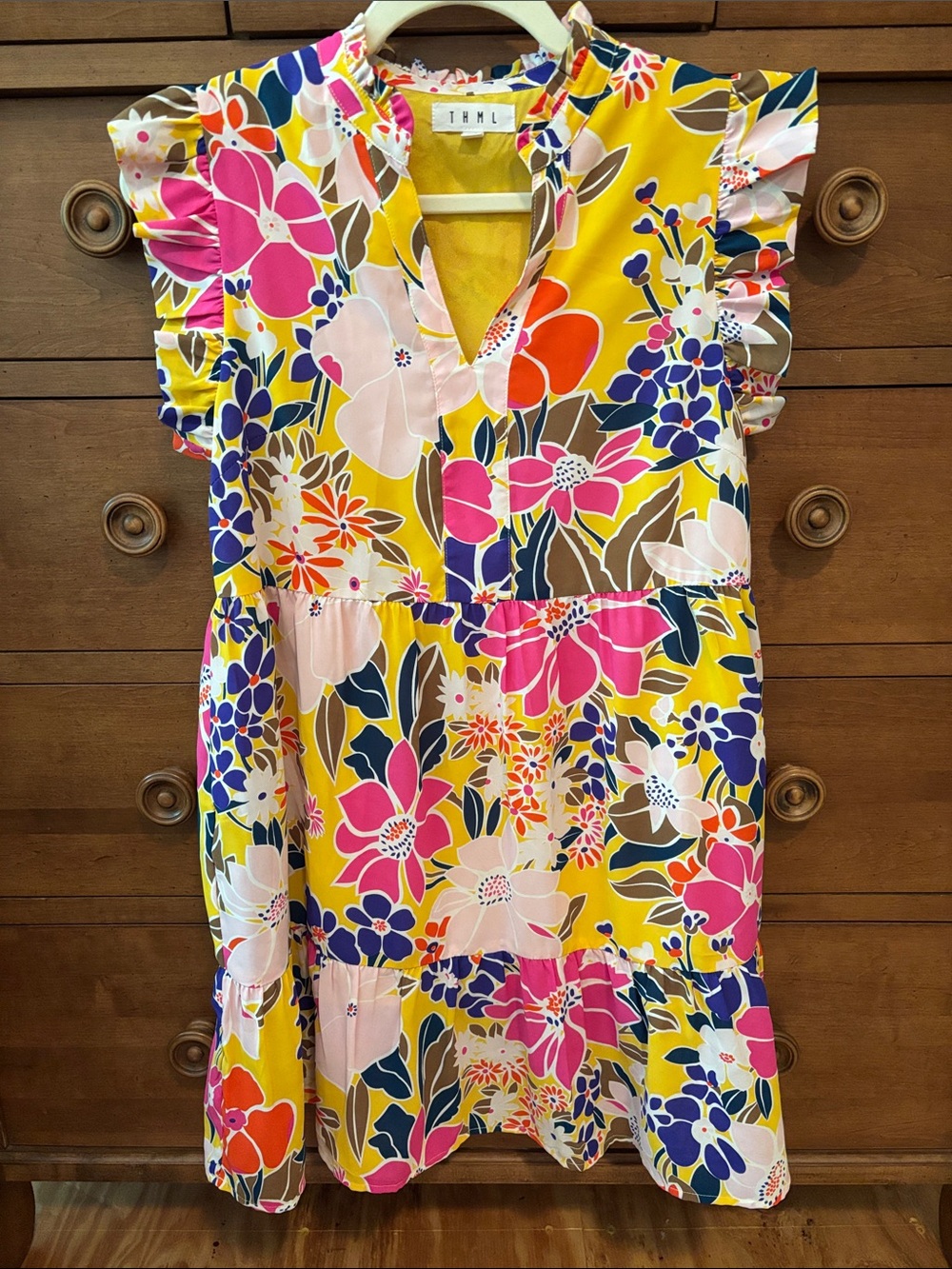 THML women’s Yellow Multicolor Floral Ruffle-Sleeve Dress size small NWOT